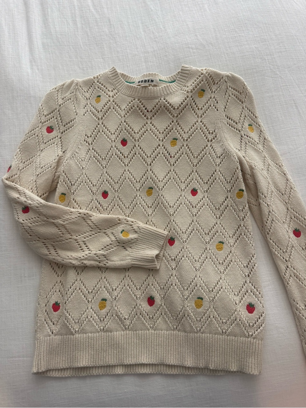 Boden Cream Eyelet Crewneck Sweater with Red and Yellow Dot Embroidery - Picture 2 of 6